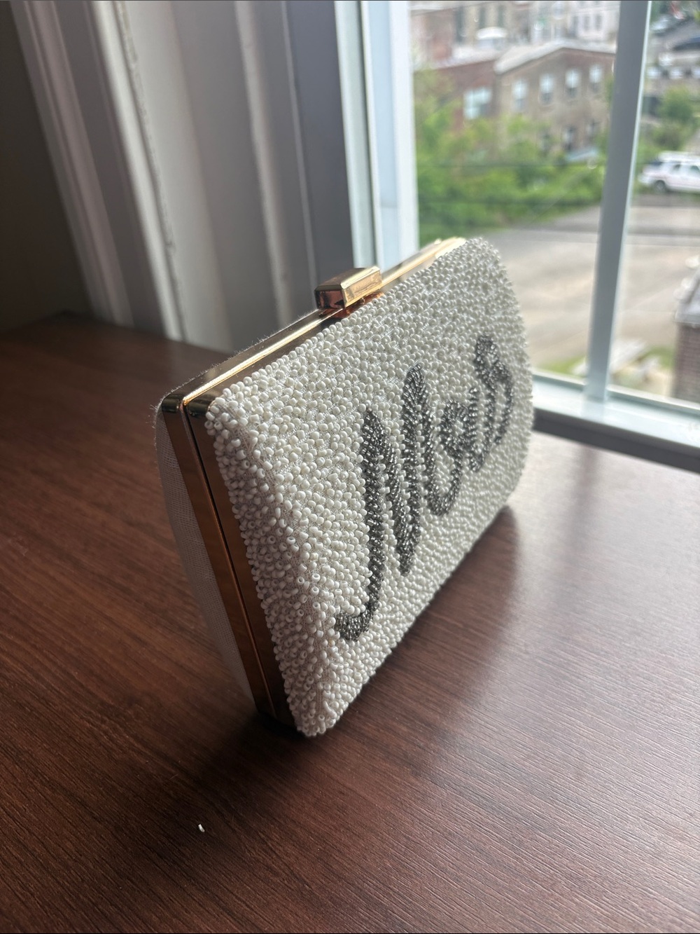 Pearl Beaded Clutch with ‘Mrs’ Metallic Script and Gold Chain - Picture 7 of 7